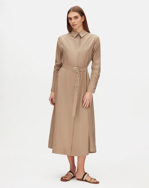 Gizli Patlı Kemerli Taş Rengi Elbise - 1