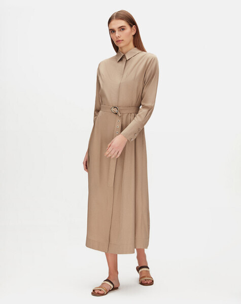 Gizli Patlı Kemerli Taş Rengi Elbise - Miss Dalida (1)