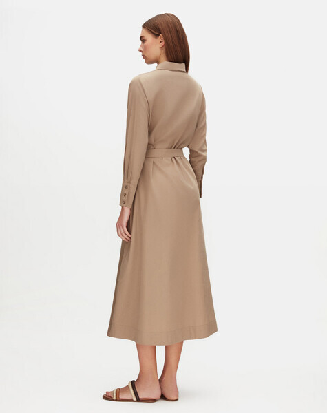 Gizli Patlı Kemerli Taş Rengi Elbise - 3