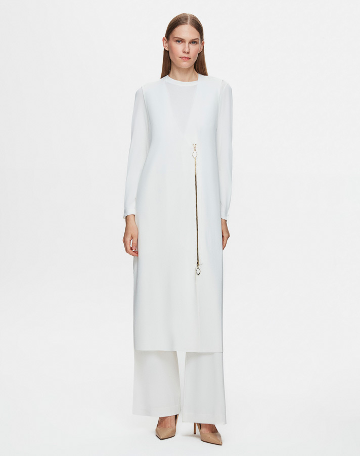 T25Y-6013 Bileği Fermuarlı Düz Renk Triko Tunik - 1