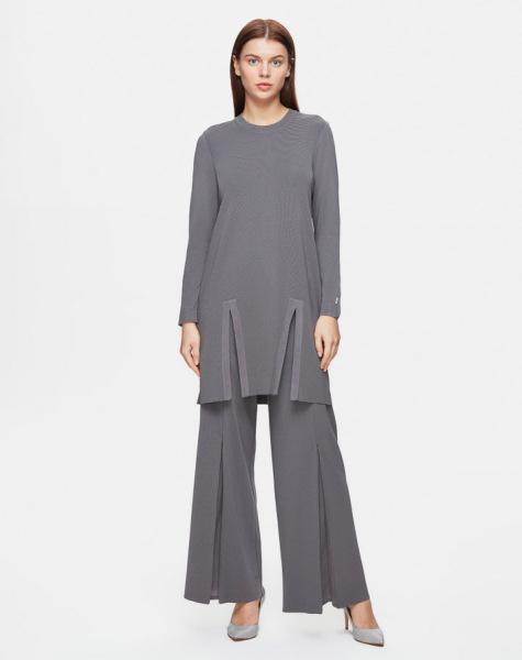 T25Y-6040 Plain Color Knitwear Tunic with Slit Detail on the Front - 2