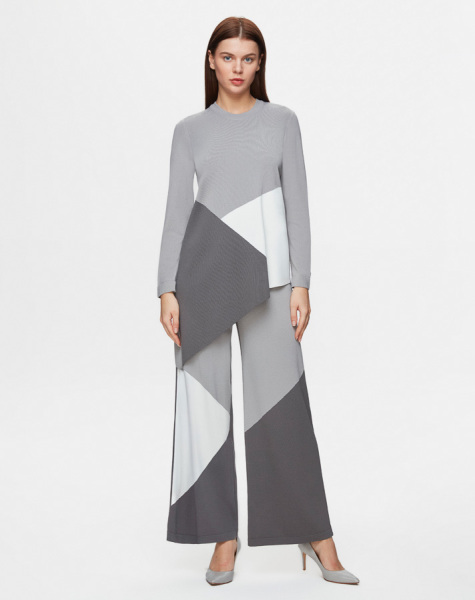 T25Y-7002 Color Blocked Wide Leg Knitwear Trousers - 1