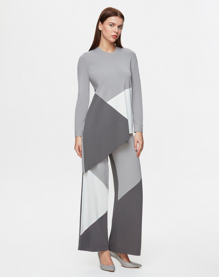 T25Y-7002 Color Blocked Wide Leg Knitwear Trousers - 2