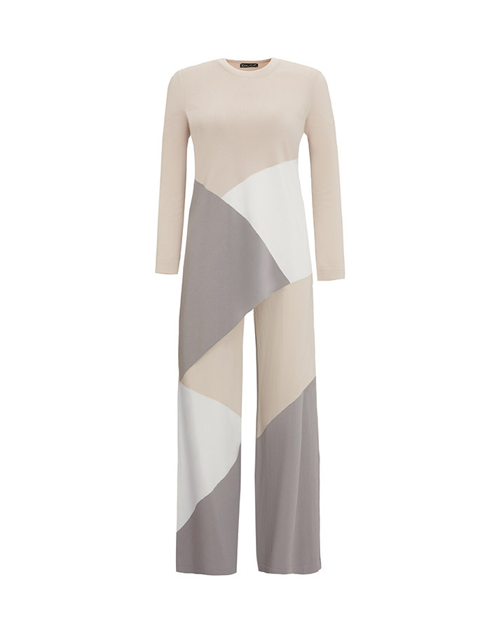 T25Y-7002 Color Blocked Wide Leg Knitwear Trousers - 4
