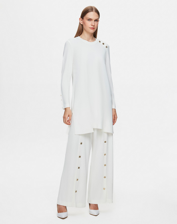 T25Y-7004 Wide Leg Knitwear Trousers with Button Accessories - 1