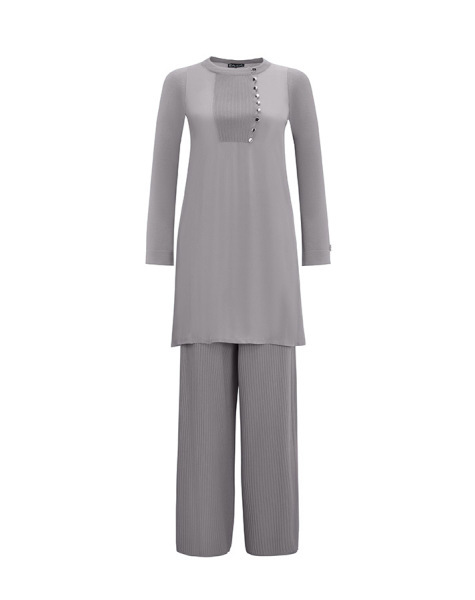 Fitilli Düğme Detaylı Triko Gri Pantolon - 1