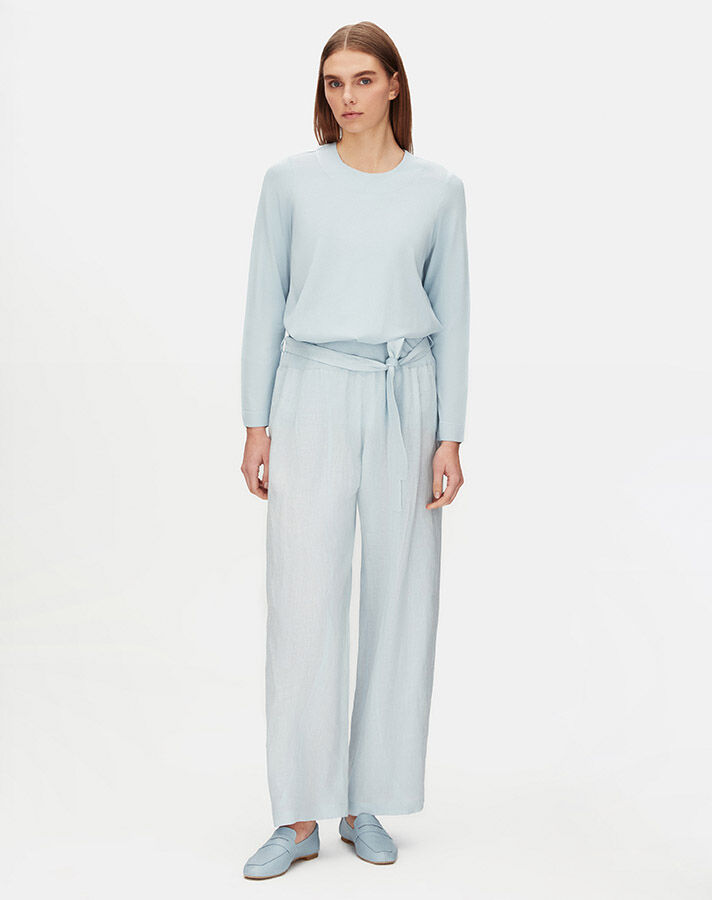 T25Y-7017 Waist Belted Wide Leg Linen Trousers - 2