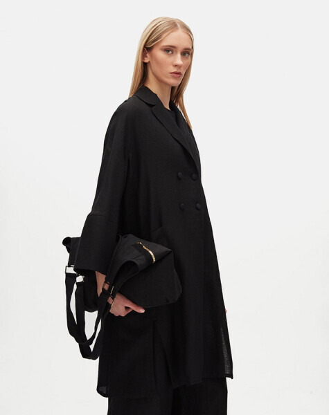 Yanı Yırtmaçlı Kruvaze Kesim Keten Siyah Ceket - Miss Dalida (1)