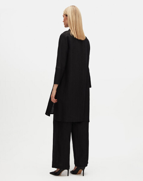 Yanı Yırtmaçlı Kruvaze Kesim Keten Siyah Ceket - 3