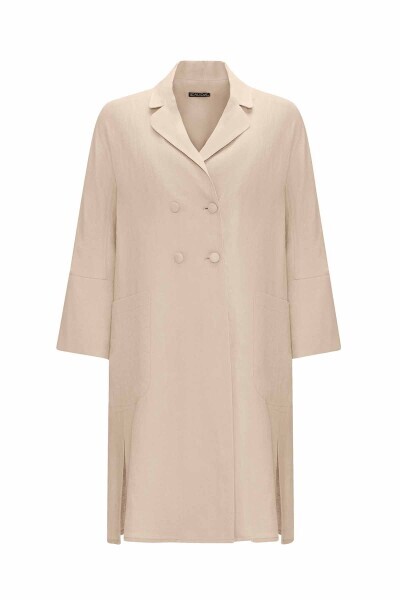 Yanı Yırtmaçlı Kruvaze Kesim Keten Taş Rengi Ceket 