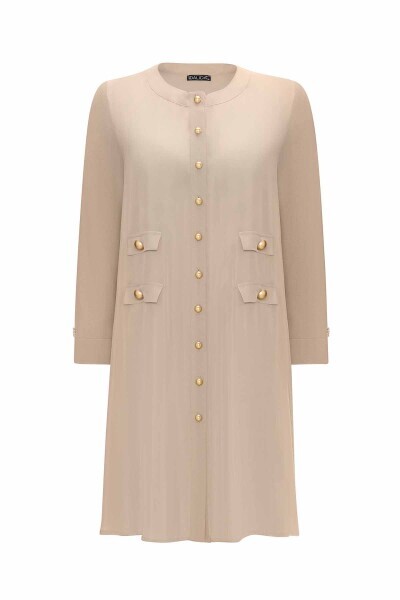 Çift Cep Kapaklı Triko Cupro Taş Rengi Hırka - 1