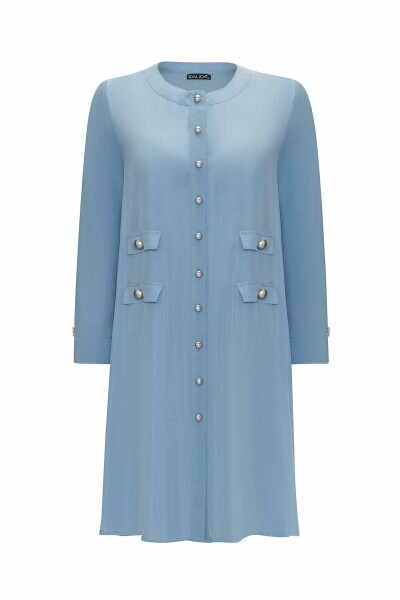 Çift Cep Kapaklı Triko Cupro Mavi Hırka 