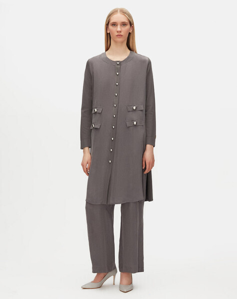 Çift Cep Kapaklı Triko Cupro Antrasit Hırka - Miss Dalida