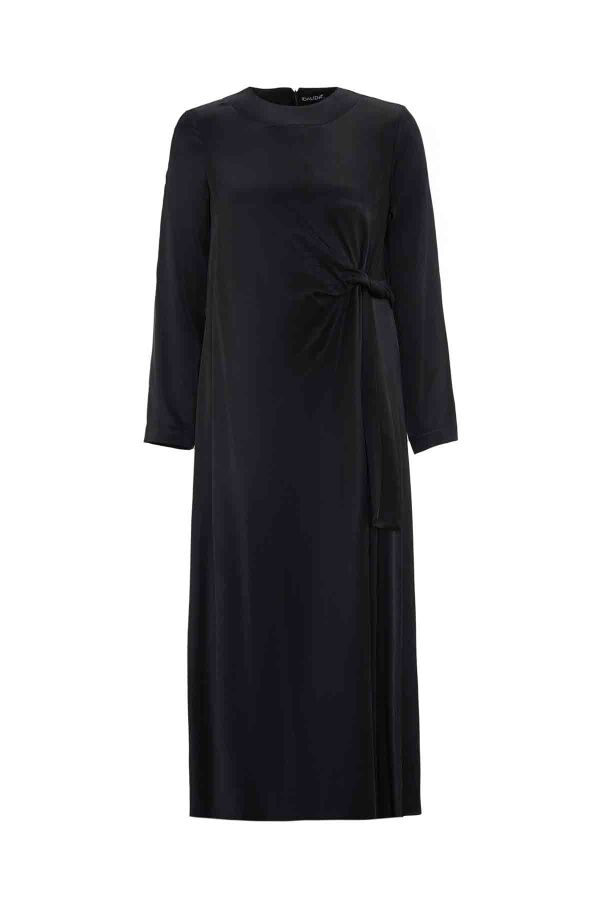 Waist Detailed Cupro Dress in Black - 1