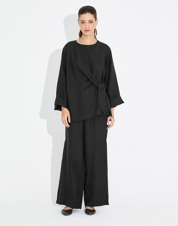 Wide Leg Linen Trousers with Stitching Detail - 1