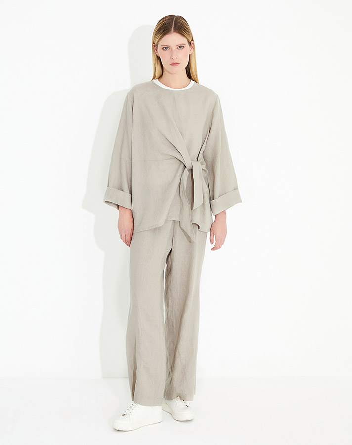 Wide Leg Linen Trousers with Stitching Detail - 11