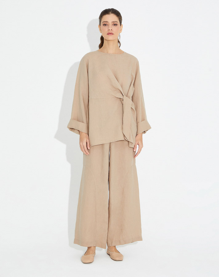 Wide Leg Linen Trousers with Stitching Detail - 9