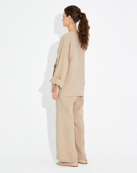 Wide Leg Linen Trousers with Stitching Detail - 10