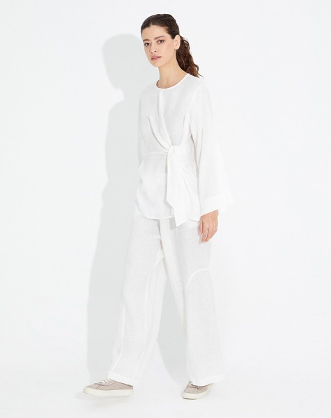 Wide Leg Linen Trousers with Stitching Detail - 8