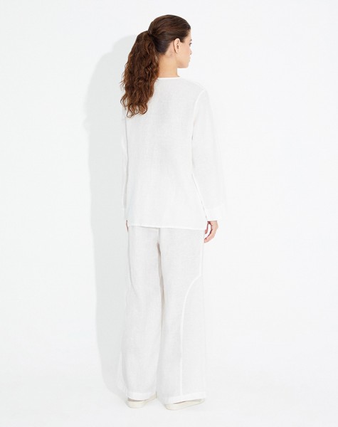 Wide Leg Linen Trousers with Stitching Detail - 7