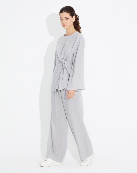 Wide Leg Linen Trousers with Stitching Detail - 6