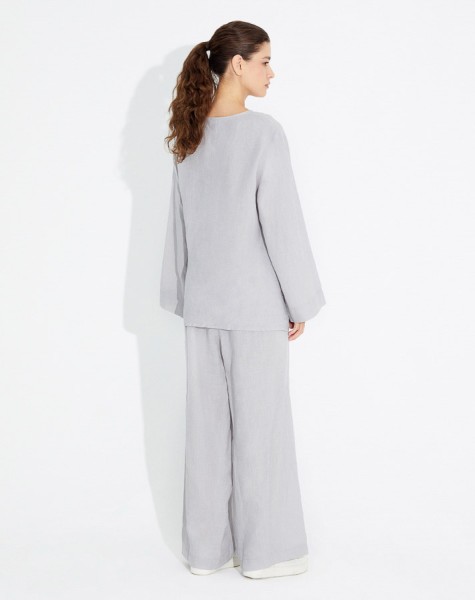 Wide Leg Linen Trousers with Stitching Detail - 4