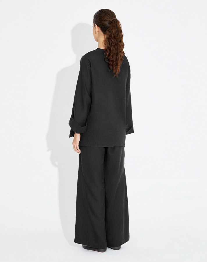 Wide Leg Linen Trousers with Stitching Detail - 5
