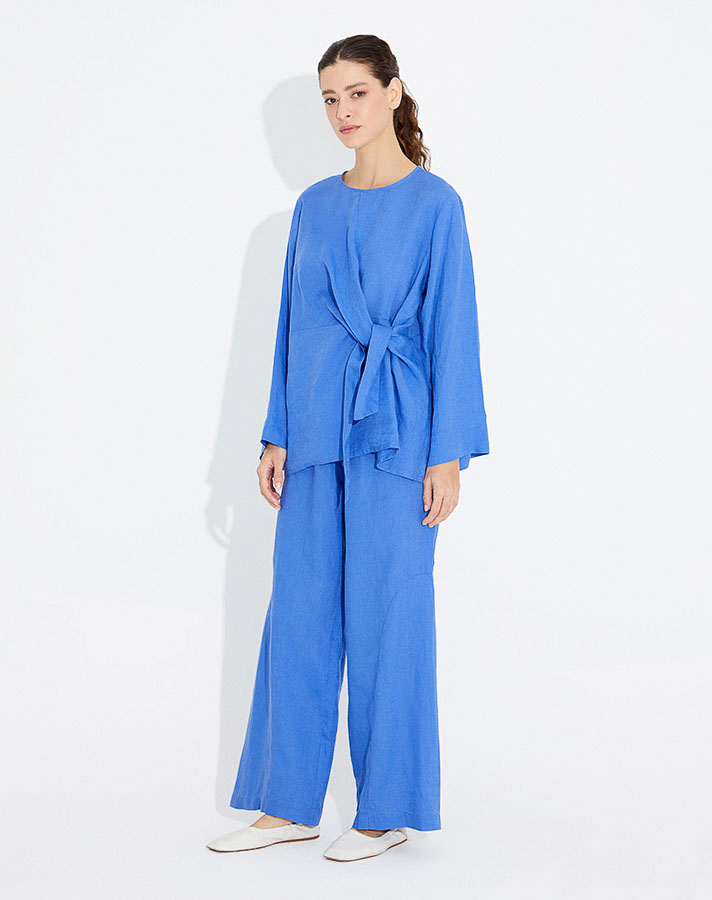 Wide Leg Linen Trousers with Stitching Detail - 3