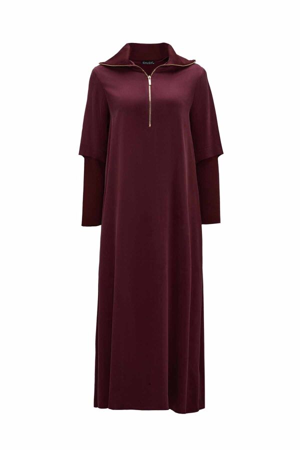Zipper Collar Cupro Burgundy Dress - 1